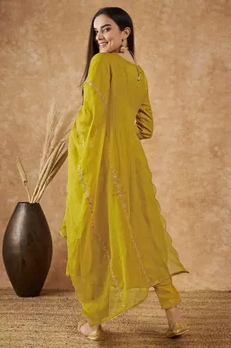 Trendmalls Art Silk Embroidery Salwar Suit Set Kurta Pant with Dupatta