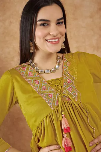Trendmalls Art Silk Embroidery Salwar Suit Set Kurta Pant with Dupatta