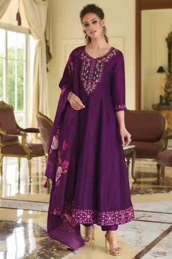 Women's vichitra silk embroidered kurta pant set with swarosky diamond dupatta