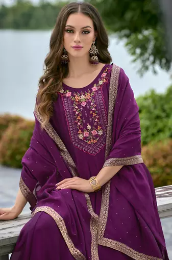 Women's vichitra silk embroidered kurta pant set with swarosky diamond dupatta