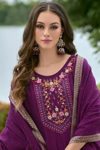 Women's vichitra silk embroidered kurta pant set with swarosky diamond dupatta