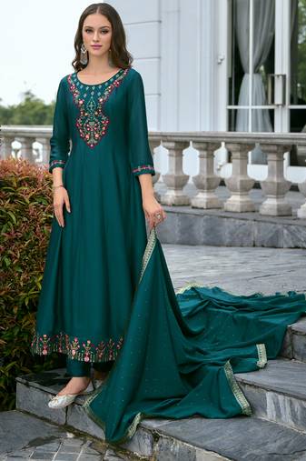 Women's vichitra silk embroidered kurta pant set with swarosky diamond dupatta