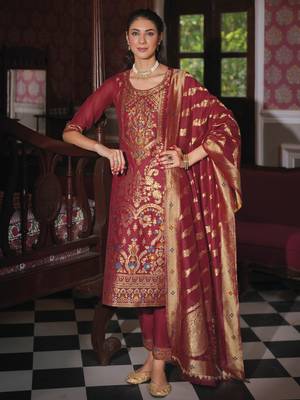 Women's vichitra silk embroidered kurta pant set with swarosky diamond dupatta 1