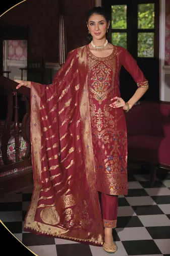 Women's vichitra silk embroidered kurta pant set with swarosky diamond dupatta