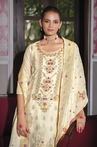 Women's vichitra silk embroidered kurta pant set with swarosky diamond dupatta