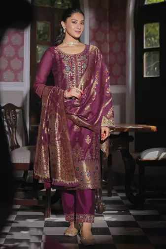 Women's vichitra silk embroidered kurta pant set with swarosky diamond dupatta