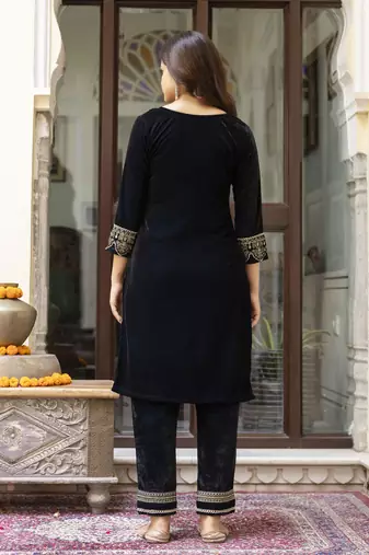 Trendmalls Velvet Embroidery Salwar Suit Set Kurta Pant with Dupatta