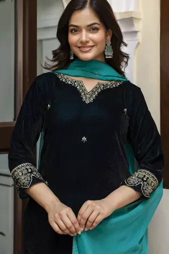 Trendmalls Velvet Embroidery Salwar Suit Set Kurta Pant with Dupatta