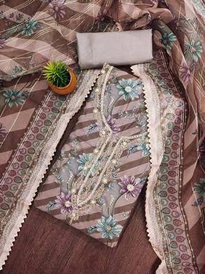 coffee organza emebllished unstitched dress material 1