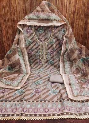 coffee organza emebllished unstitched dress material 2