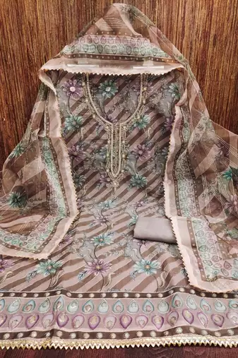 coffee organza emebllished unstitched dress material