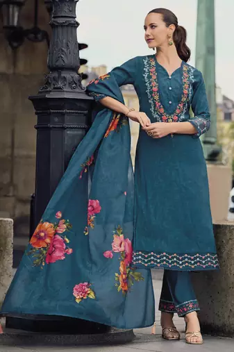 Women's vichitra silk embroidered kurta pant set with swarosky diamond dupatta