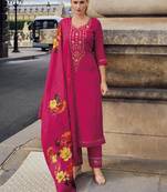 Women's vichitra silk embroidered kurta pant set with swarosky diamond dupatta