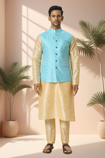 Blue jacket kurta for men"s