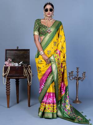 yellow polyester viscose silk patola printed saree 1