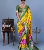 yellow polyester viscose silk patola printed saree