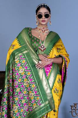 yellow polyester viscose silk patola printed saree 2