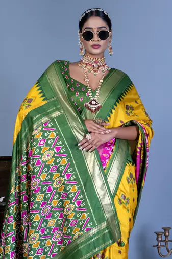 yellow polyester viscose silk patola printed saree