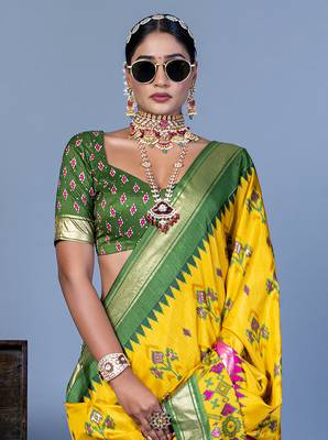 yellow polyester viscose silk patola printed saree 3