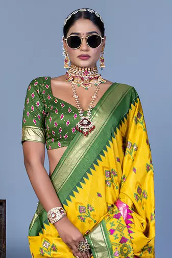yellow polyester viscose silk patola printed saree