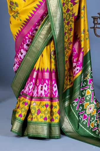 yellow polyester viscose silk patola printed saree