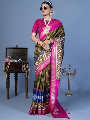 mehendi green polyester viscose silk patola printed saree 1