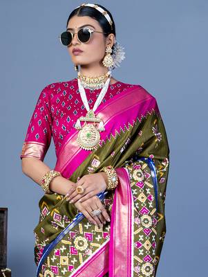 mehendi green polyester viscose silk patola printed saree 3