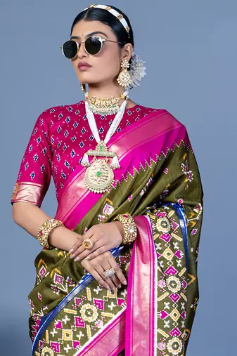 mehendi green polyester viscose silk patola printed saree