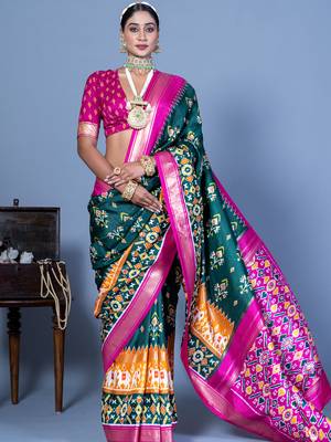teal polyester viscose silk patola printed saree 1
