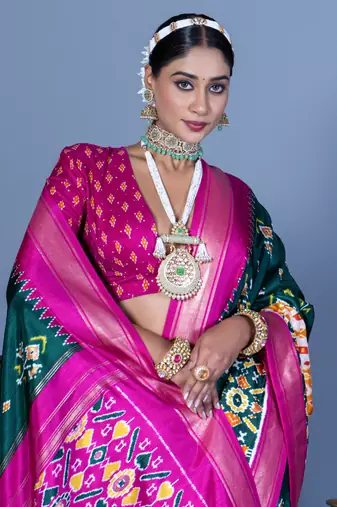 teal polyester viscose silk patola printed saree