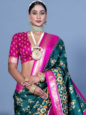 teal polyester viscose silk patola printed saree 3