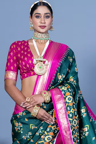 teal polyester viscose silk patola printed saree