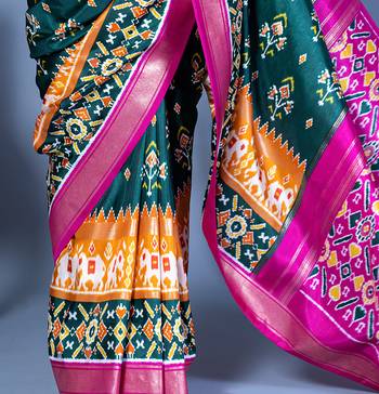 teal polyester viscose silk patola printed saree 4