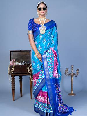 blue polyester viscose silk patola printed saree 1