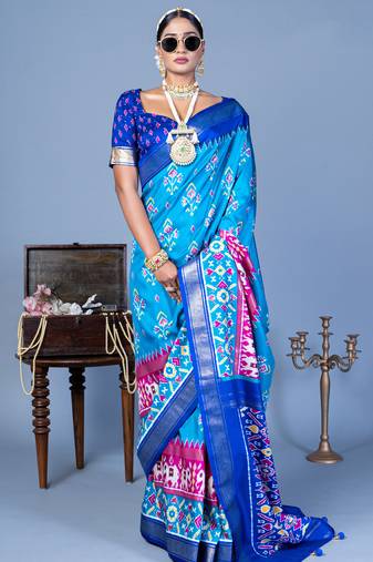 blue polyester viscose silk patola printed saree
