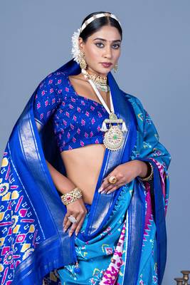 blue polyester viscose silk patola printed saree 2