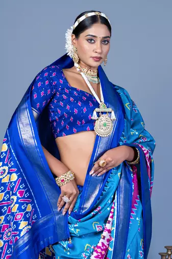 blue polyester viscose silk patola printed saree