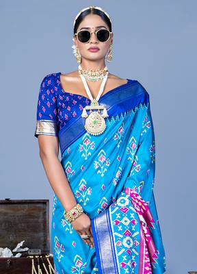 blue polyester viscose silk patola printed saree 3