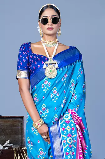 blue polyester viscose silk patola printed saree