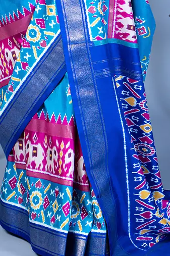 blue polyester viscose silk patola printed saree