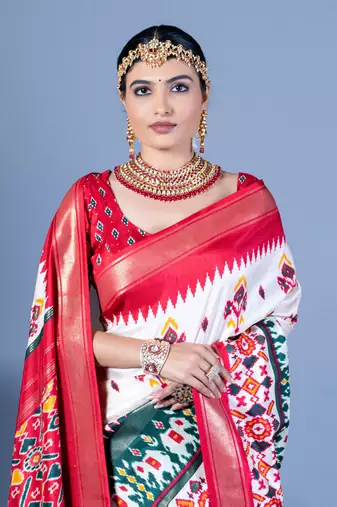 white polyester viscose silk patola printed saree