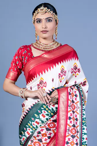 white polyester viscose silk patola printed saree