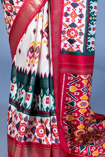 white polyester viscose silk patola printed saree