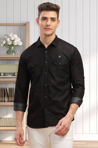 Kuons avenue men's black double pocket denim shirt | denim shirt for men