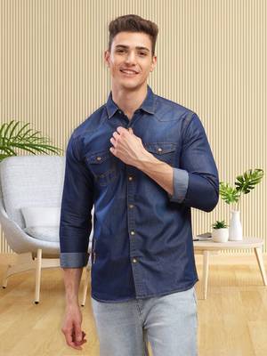 Kuons avenue men's carbon blue slim fit casual denim shirt 1