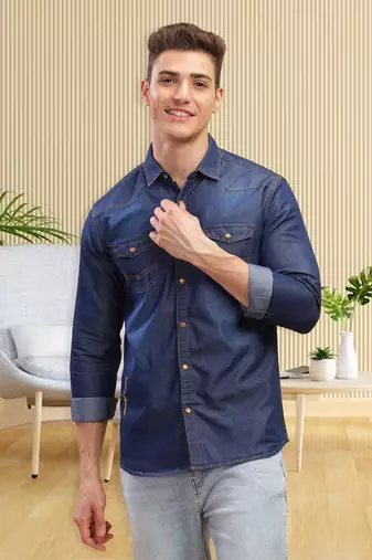 Kuons avenue men's carbon blue slim fit casual denim shirt