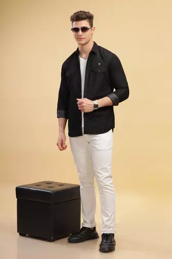 Kuons avenue men's black double pocket denim shirt | denim shirt for men
