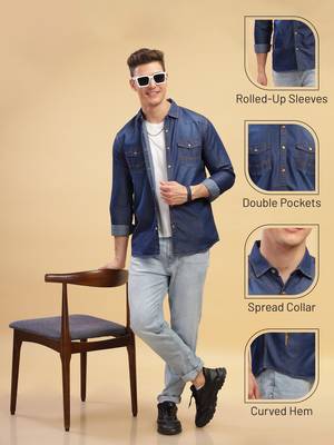 Kuons avenue men's carbon blue slim fit casual denim shirt 2