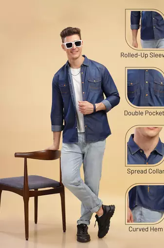 Kuons avenue men's carbon blue slim fit casual denim shirt