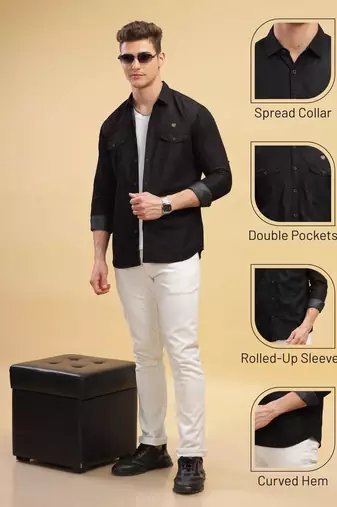 Kuons avenue men's black double pocket denim shirt | denim shirt for men